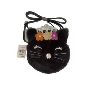 Black Cat Faux Fur Crossbody Purse Zipper Closure, Bling Nose, Embroidered Face